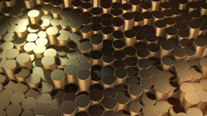 3D rendering of abstract cylindrical geometric gold surfaces in virtual space