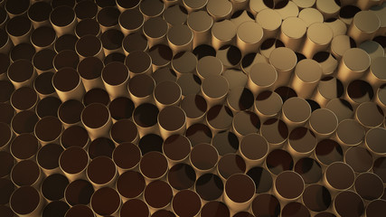3D rendering of abstract cylindrical geometric gold surfaces in virtual space