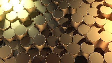 3D rendering of abstract cylindrical geometric gold surfaces in virtual space