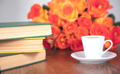 coffee with book and roses