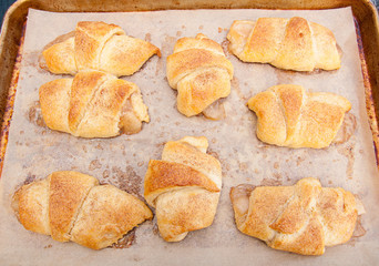 Pan of apple pastry pop overs, fresh from the oven on a cookie sheet and parchment paper.  These pastries are sprinkled with cinnamon for a sweet snack dessert.