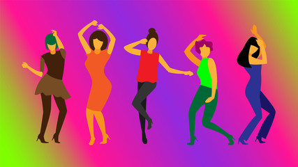 Group of young happy dancing female dancers isolated on color background. Women enjoying dance party. Colorful vector illustration in flat cartoon style.