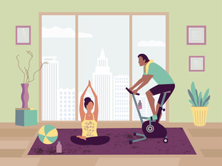 Couple sport activity stay home flat color vector