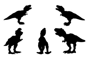 5 black and white set vector dinosaur tyrannosaurus dino silhouette isolated on white background