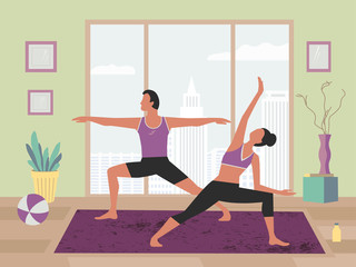 Couple training yoga stay home flat color vector