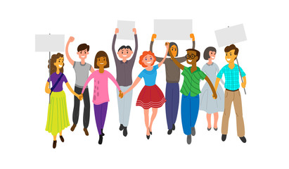 Obraz premium A group of young people participate in a parade, rally or demonstration. Men and women hold each other's hands, and some hold posters in their hands. Flat vector illustration on a white background.