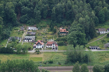 View from Mount Bastei to the village and the railway in Germany.