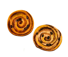 Two tasty puff pastry rolls with raisins close up isolated on white background. Watercolor hand painted food illustration.