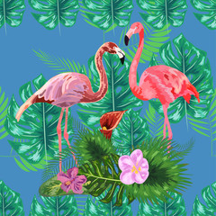 seamless floral summer pattern background with tropical palm leaves, flamingo, hibiscus.