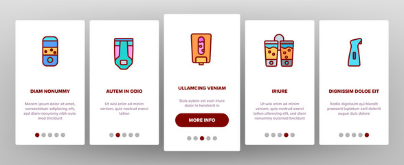 Soap Dispenser Tool Onboarding Icons Set Vector. Soap Dispenser Equipment Fow Wash Hand, Bottle For Lotion, Hygiene Liquid Drop Illustrations