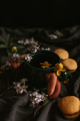 still life with tea and flowers