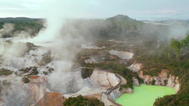Geothermal Landscape with hot boiling mud and sulphur springs due to volcanic activity in Wai-O-Tapu, Thermal Wonderland New Zealand