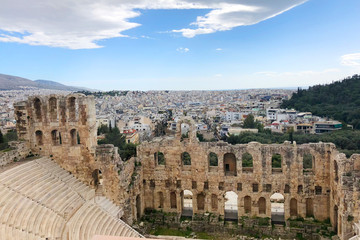 Fototapeta na wymiar Athens, Greece - March 14, 2018: Odeon of Herodes Atticus. Acropolis of Athens, Greece.