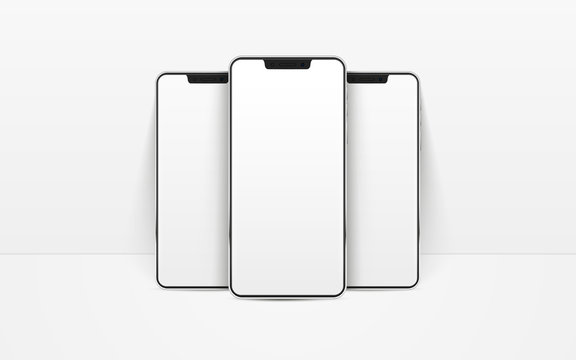 White realistic smartphones mockup. 3d mobile phones with blank white screen. Modern cell phones template on white background. Illustration of device 3d screen