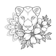 Linear hand drawing head of panther  with flowers and mandala ornament  for greeting card, invitation, Henna drawing and tattoo template. Vector illustration