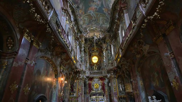 Interior of St. Johann Nepomuk Kirche or Asam Church, Munich, Germany. Steadicam shot