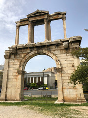 Athens, Greece - March 16, 2018: Arch of Hadrian or Hadrian's Gate, Athens, Greece. It is one of the main landmarks in Athens.