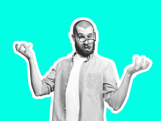 Naklejka premium Asking, gremaces. Collage in magazine style with emotional man in black and white contour on bright background with copyspace. Modern design, creative artwork, style and human emotions concept.