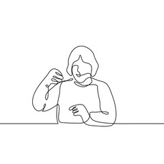 plump woman with short hair is engaged in needlework while sitting at a table. One continuous line drawing of a mature woman passionate about her hobby (handmade). Vector illustration for animation.