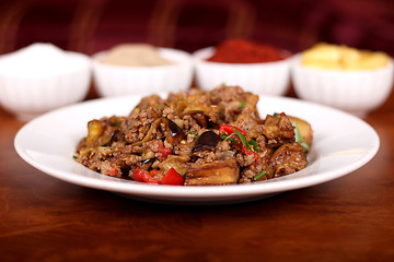 perfect turkish food moussaka spicy on white plate close up
