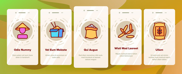 Rice Chinese Culture Onboarding Icons Set Vector. Rice Bread And Boiling Dish, Harvest Bag And Plant, Slow Cooker And Sushi Illustrations