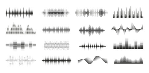 Music sound waves big monochrome set. Console panel. Music audio collection. Electronic radio signal. Equalizer. Vector illustration.