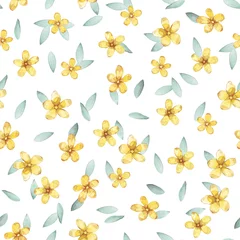 Tapeten Aquarell-Set 1 Handgezeichnetes Aquarell Musterdesign mit gelben Blüten und Blättern. Grüne Pflanzen auf weißem Hintergrund. Design für Stoffe, Tapeten, Servietten, Textilien, Verpackungen, Hintergründe. Zart und stylisch