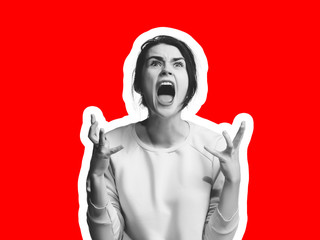 Angry screaming. Collage in magazine style with emotional man in black and white contour on bright...