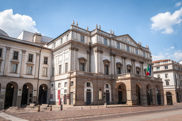 Fototapeta na wymiar Milan, Italy, April 2020, Teatro alla Scala, in downtown of the city closed , empty of people during covid19 Coronavirus epidemic