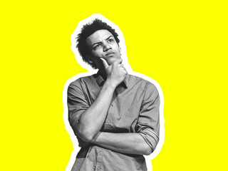 Thoughtful. Collage in magazine style with emotional man in black and white contour on bright...