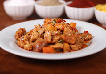 perfect turkish food chicken saute spicy close up on white plate