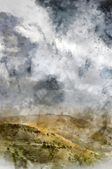 Digital watercolor painting of Stunning Summer landscape image of escarpment with dramatic storm clouds and sun beams streaming down