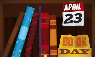 Books in Shelf, Calendar and Sculpture to Commemorate Book Day, Vector Illustration