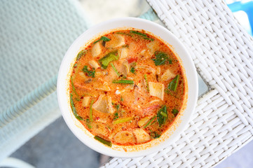 Squid Tom Yam , Spicy and Sour Squid soup. Traditional Thailand Food top view