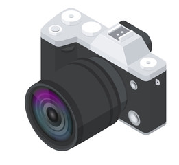Vintage-style digital photo camera with a detailed colorful lens. Isometric vector illustration isolated on white background.