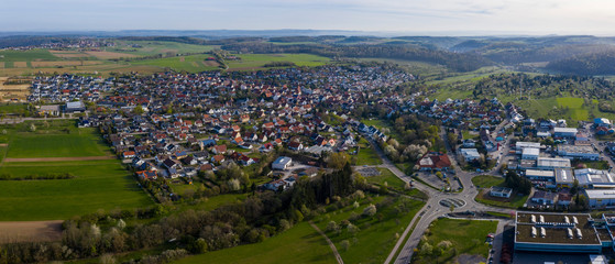 Fototapeta na wymiar Aerial view of the village Wimsheim in Germany on an early spring morning.