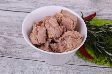 Tasty canned tuna fish in the bowl