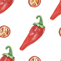 Watercolor hand painted nature spice seamless pattern with red hot chili pepper vegetables slices isolated on the white background, healthy paprika print for design element and textile