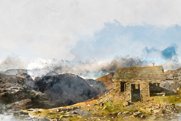 Fototapeta na wymiar Digital watercolor painting of Autumn Fall landscape image of old bothy in Lake Districtr mountains near Buttermere with Haystacks and High Stiel in the distance