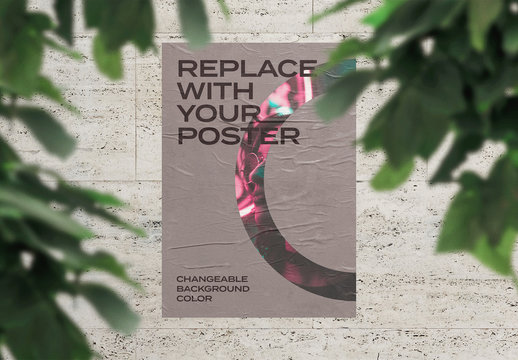Glued Poster Mockup on Brick Wall with Leaves