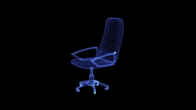 The hologram of a director's chair. 3D animation of headmaster chair on a black background with a seamless loop