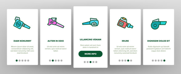 Leaf Blower Equipment Onboarding Icons Set Vector. Leaf Blower Electronic Device, Cleaning Blowing Tool Machine, Gardening Appliance Illustrations