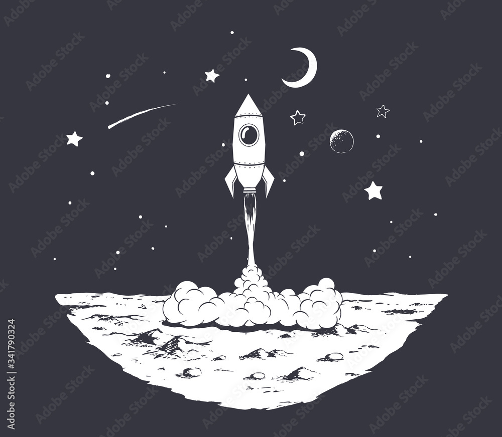 Wall mural rocket launch from planet.black and white version