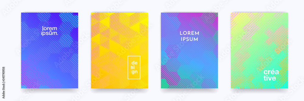 Poster Color gradient background, geometric halftone pattern, vector abstract trendy line graphic design. Simple minimal elements in halftone color gradient, modern pattern backgrounds