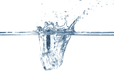 An ice cube falling into a transparent water basin over a white background.