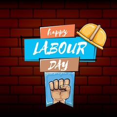 Happy labour day vector label with strong orange fist isolated on brick wall background. vector happy labor day background with man hand. red workers may day poster
