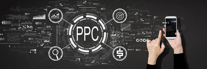 PPC - Pay per click concept with person using a white smartphone