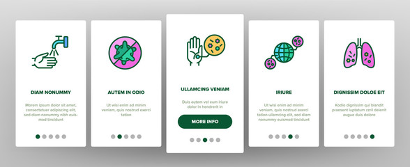 Infection And Disease Onboarding Icons Set Vector. Infection In Stomach And Lungs, On Hand And In Flask, Thermometer And Syringe Illustrations