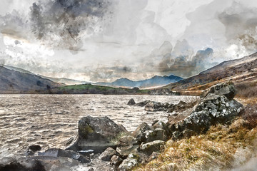 Digital watercolor painting of Beautiful moody landscape of Llynnau Mymbyr with Snowdon peak in distance in Winter