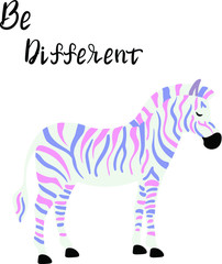 Be different, zebra, animal, lettering, hand drawn, hand drawn vector isolated on white background. Concept for logo, cards
